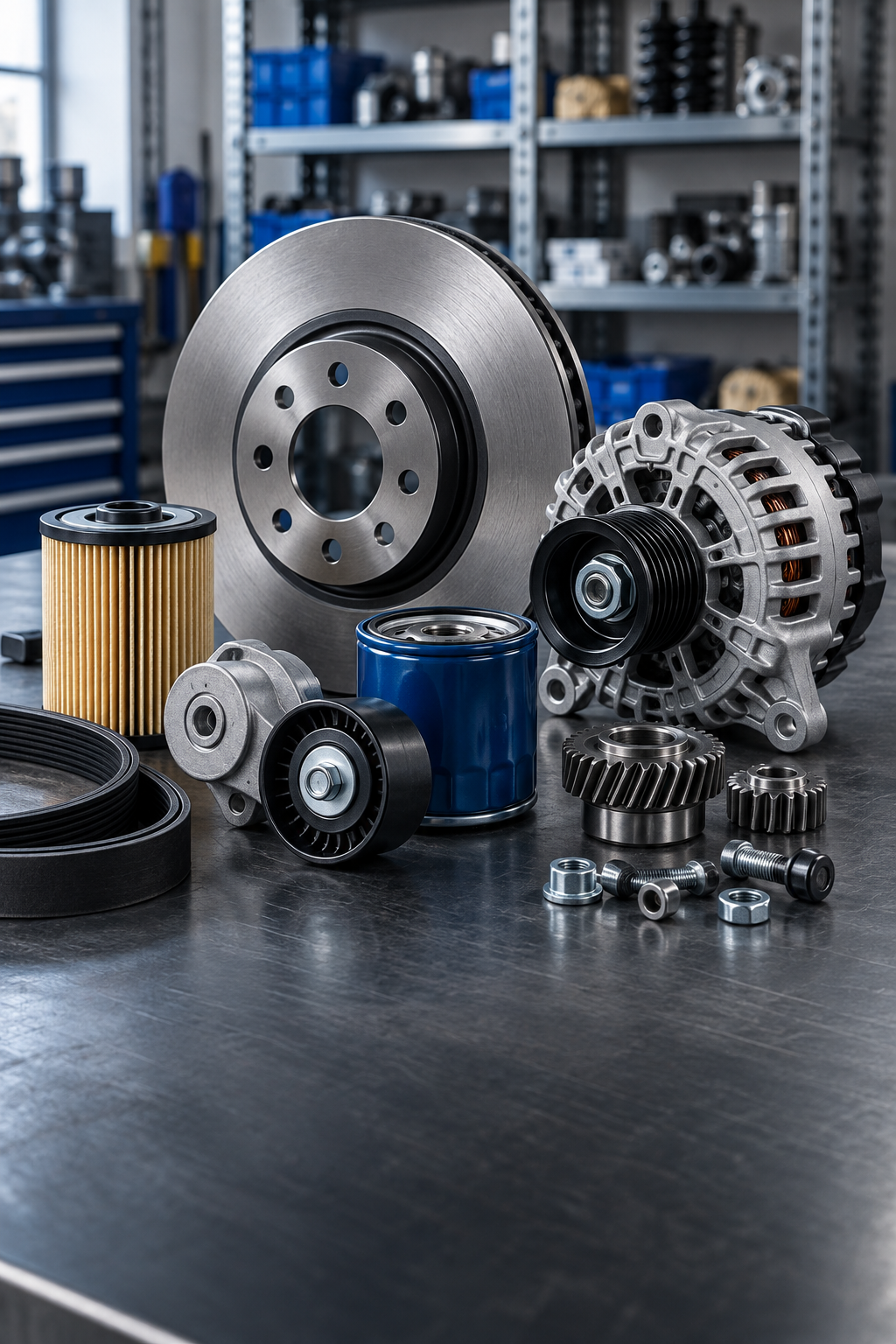 Servis tezgahında düzenlenmiş otomotiv yedek parçaları